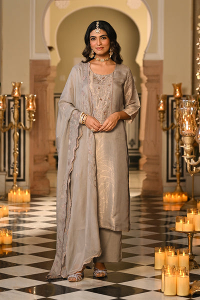Grey Premium Pure Muslin Silk Jacquard with Hand Embroidery, With Scallop Dupatta Suit Set