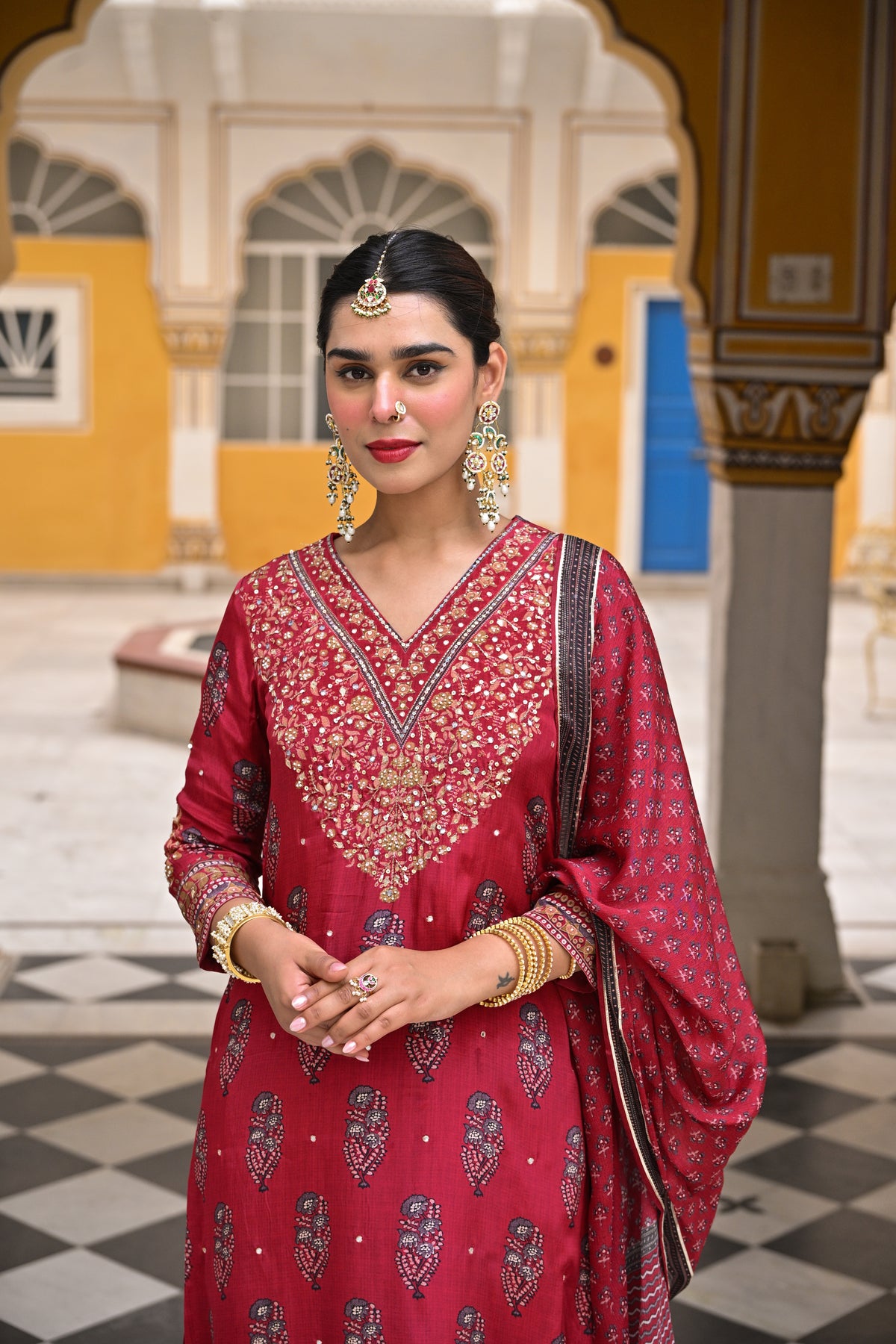 Red Block Print Gota and Sequence Muslin A line Suit