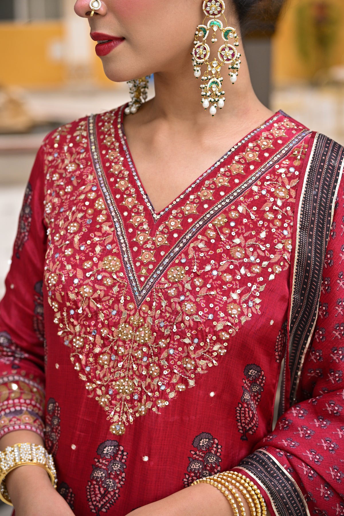 Red Block Print Gota and Sequence Muslin A line Suit