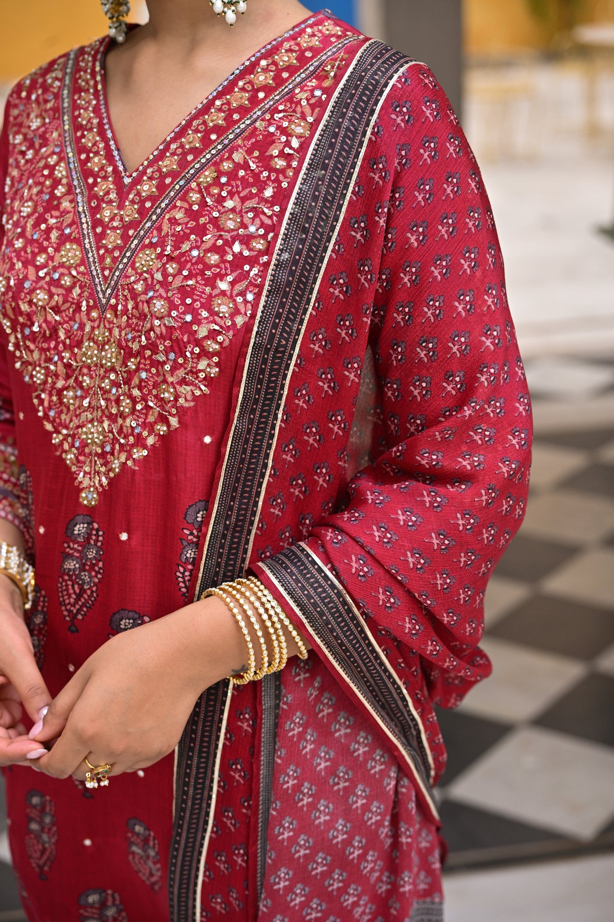 Red Block Print Gota and Sequence Muslin A line Suit