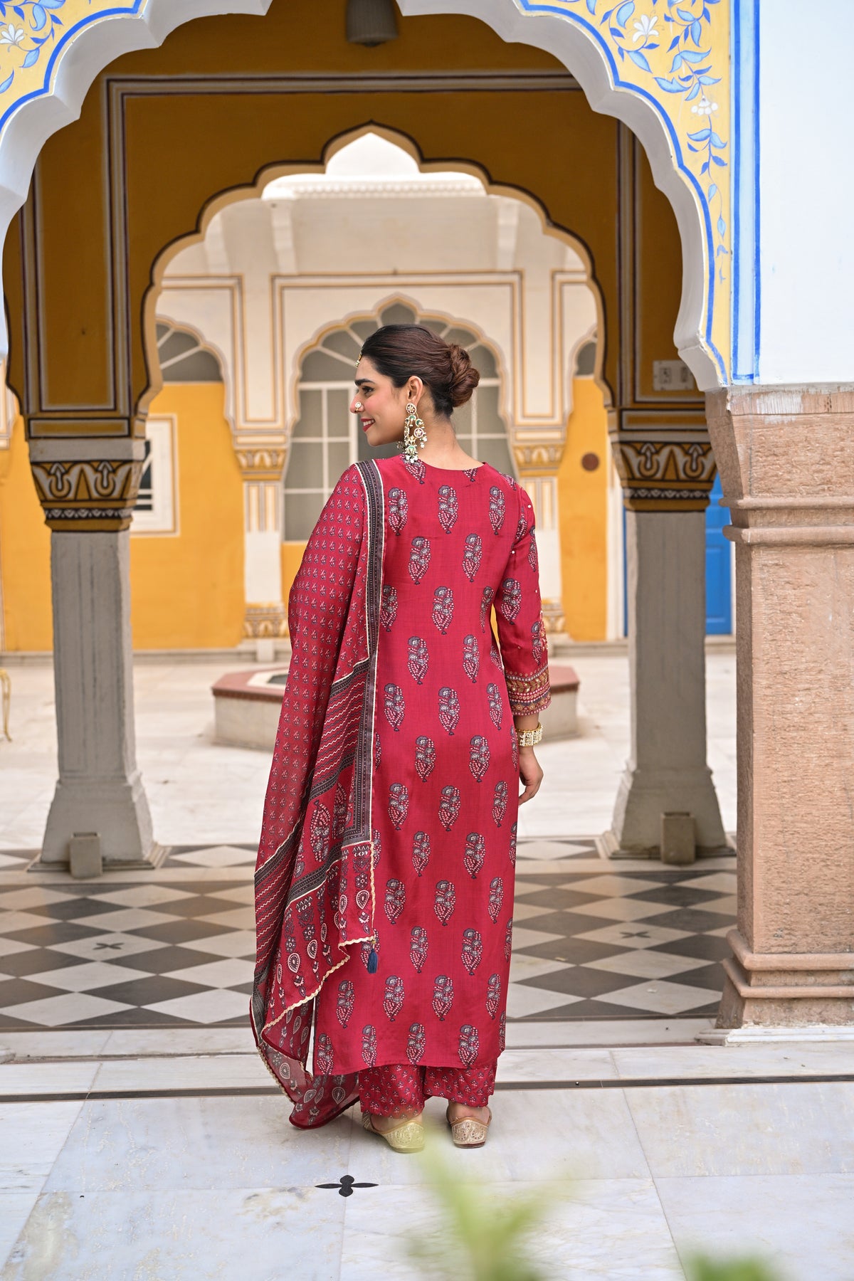 Red Block Print Gota and Sequence Muslin A line Suit