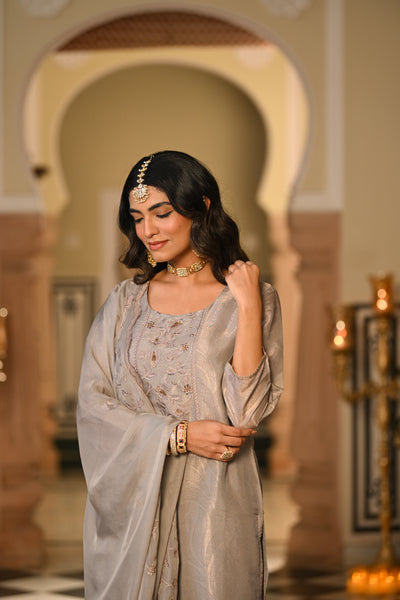 Grey Premium Pure Muslin Silk Jacquard with Hand Embroidery, With Scallop Dupatta Suit Set