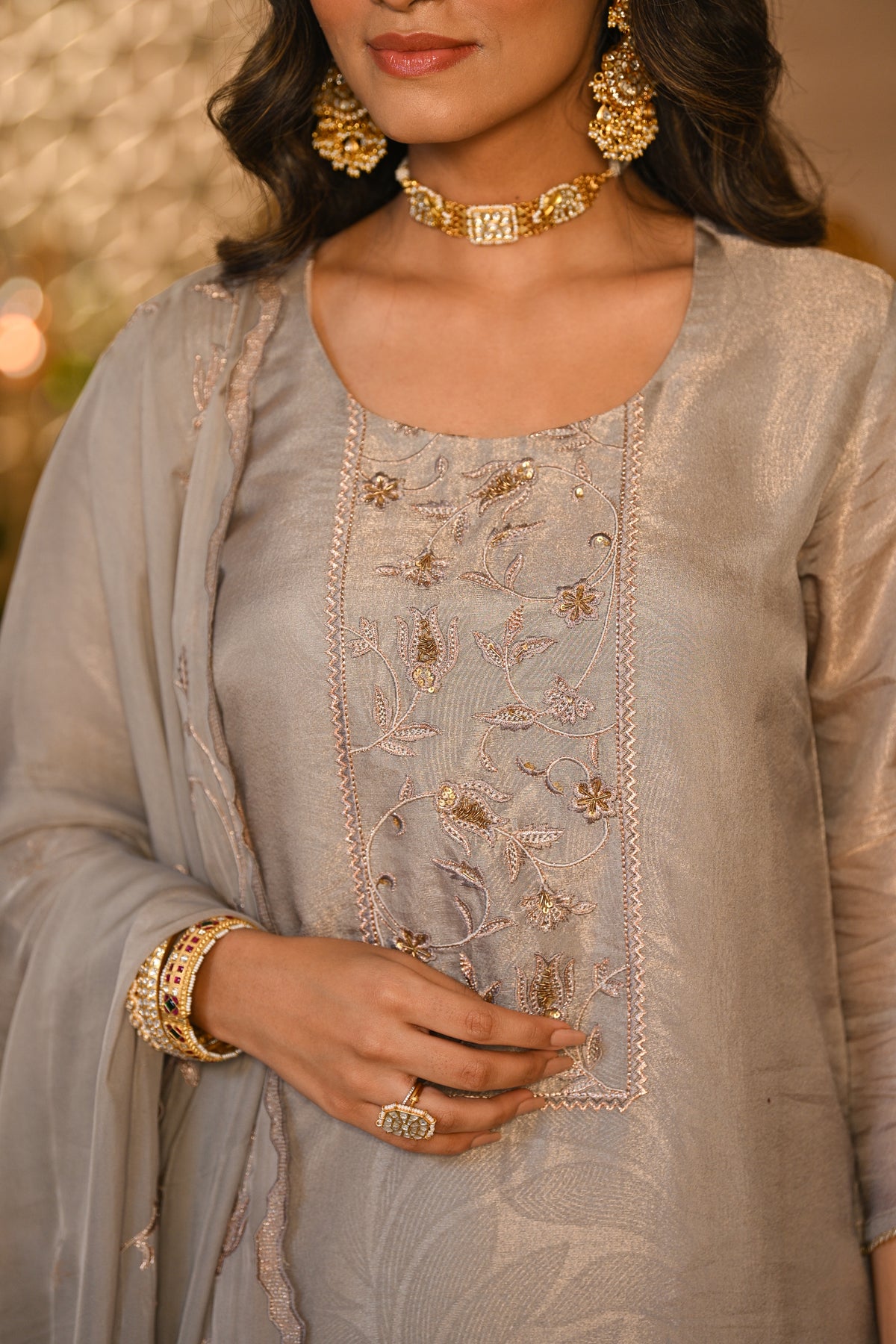 Grey Premium Pure Muslin Silk Jacquard with Hand Embroidery, With Scallop Dupatta Suit Set