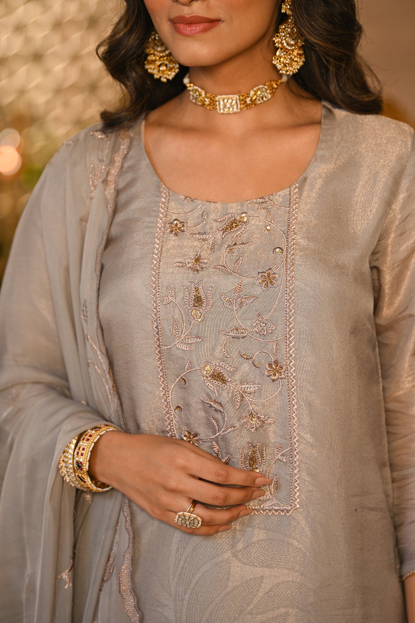 Grey Premium Pure Muslin Silk Jacquard with Hand Embroidery, With Scallop Dupatta Suit Set