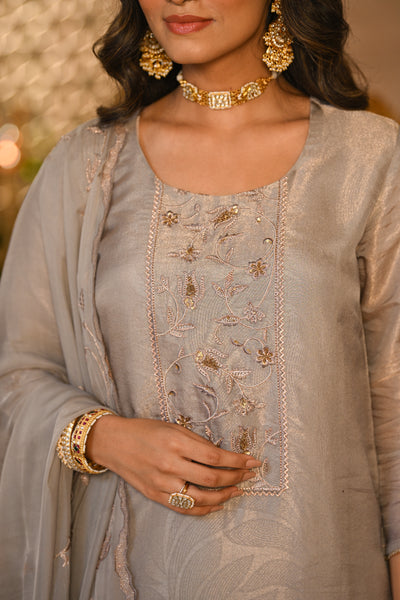 Grey Premium Pure Muslin Silk Jacquard with Hand Embroidery, With Scallop Dupatta Suit Set