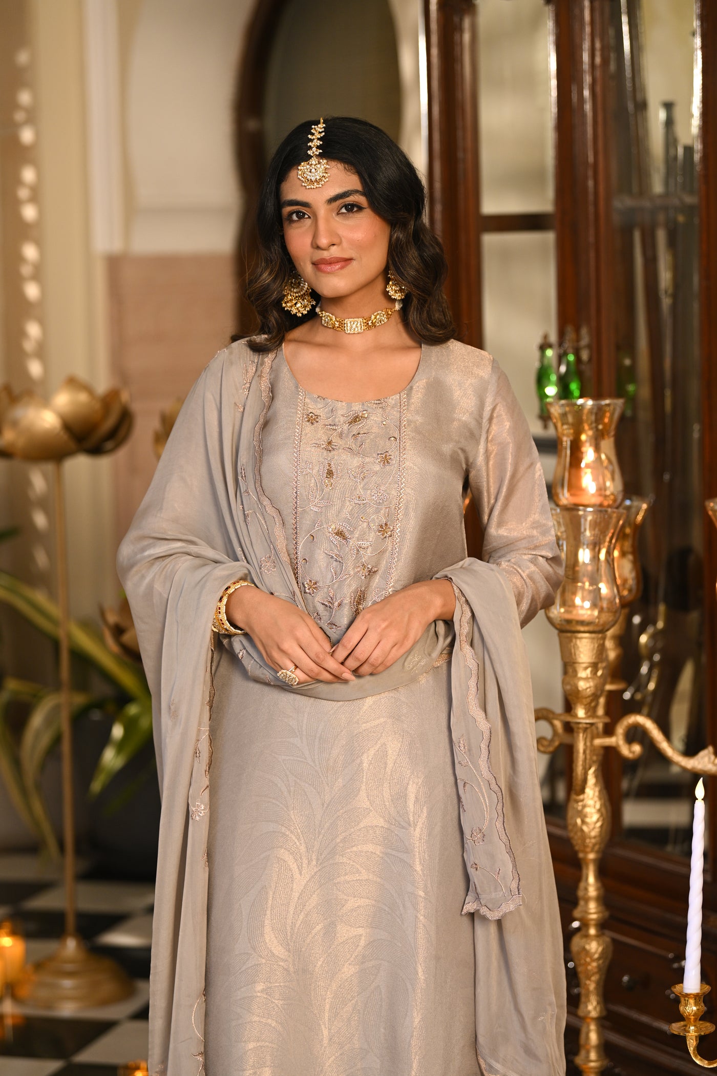 Grey Premium Pure Muslin Silk Jacquard with Hand Embroidery, With Scallop Dupatta Suit Set