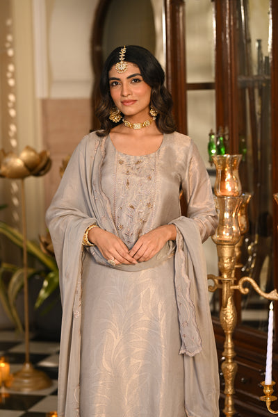 Grey Premium Pure Muslin Silk Jacquard with Hand Embroidery, With Scallop Dupatta Suit Set