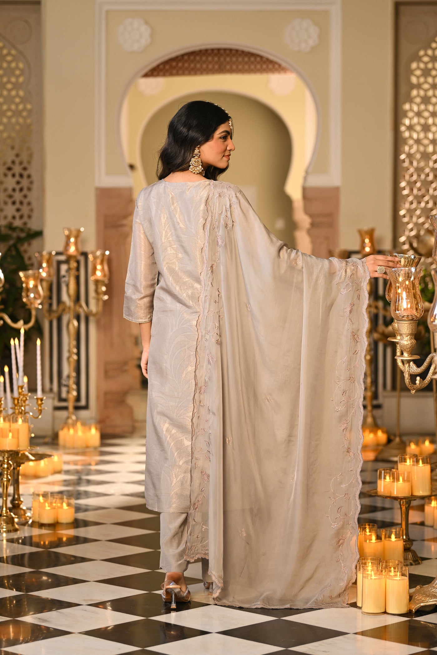 Grey Premium Pure Muslin Silk Jacquard with Hand Embroidery, With Scallop Dupatta Suit Set