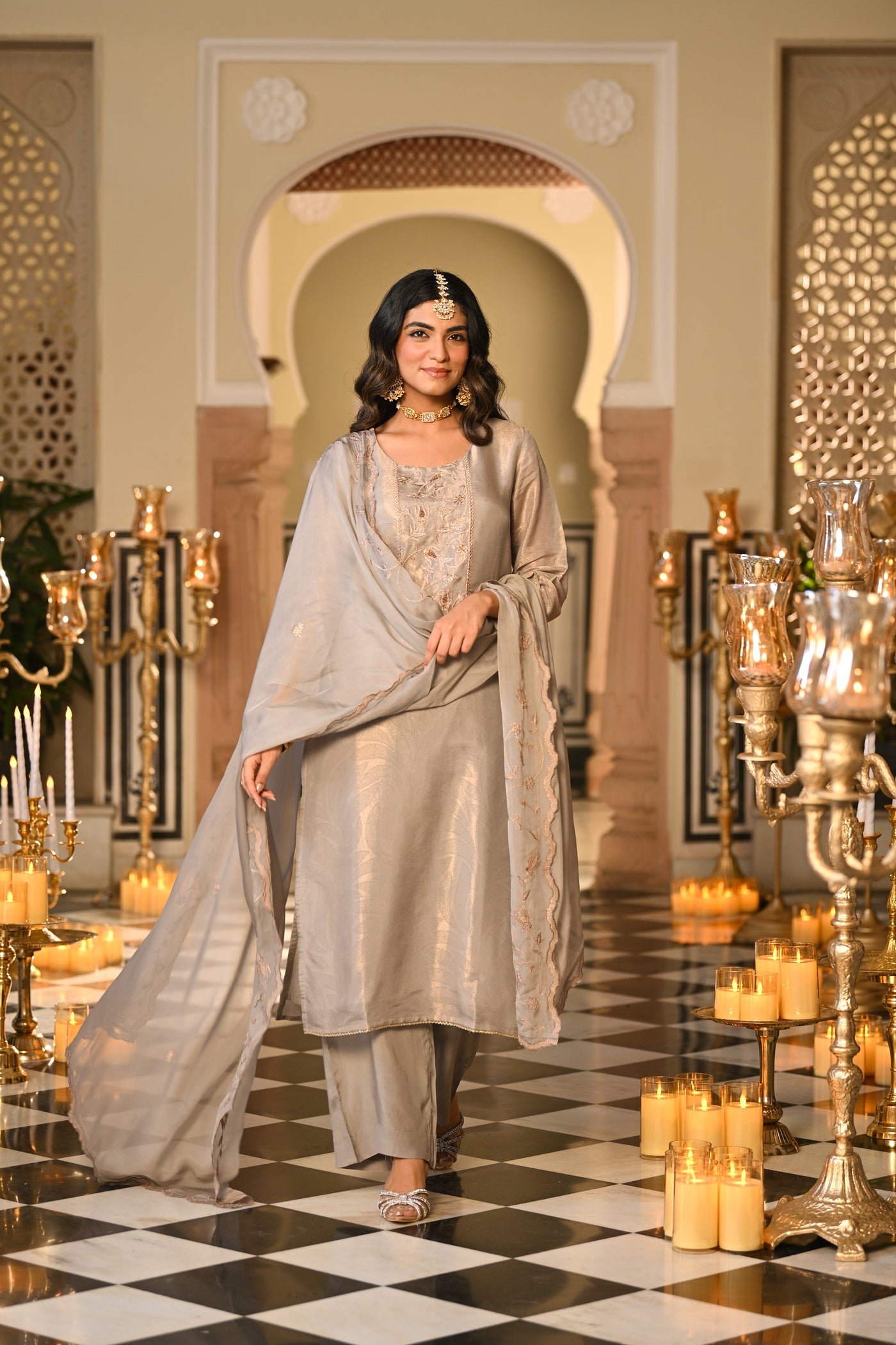 Grey Premium Pure Muslin Silk Jacquard with Hand Embroidery, With Scallop Dupatta Suit Set