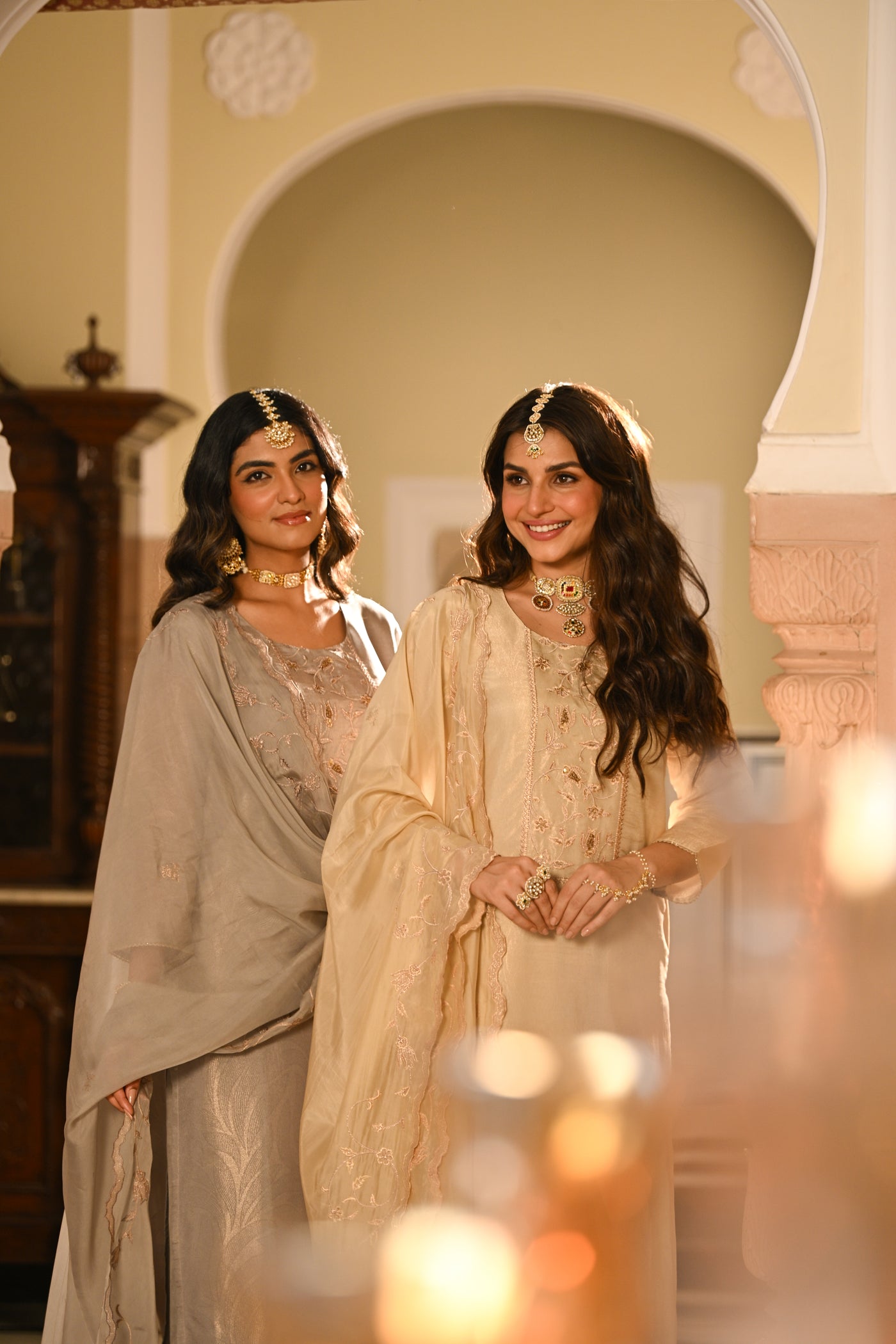 Cream Premium Pure Muslin Silk Jacquard with Hand Embroidery, With Scallop Dupatta Suit Set