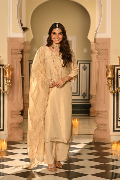 Cream Premium Pure Muslin Silk Jacquard with Hand Embroidery, With Scallop Dupatta Suit Set
