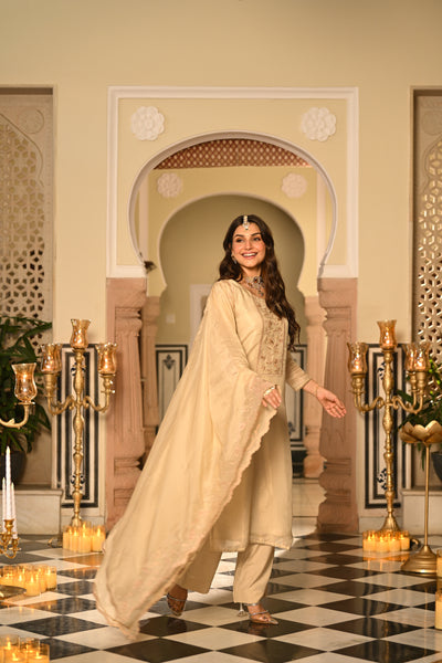 Cream Premium Pure Muslin Silk Jacquard with Hand Embroidery, With Scallop Dupatta Suit Set