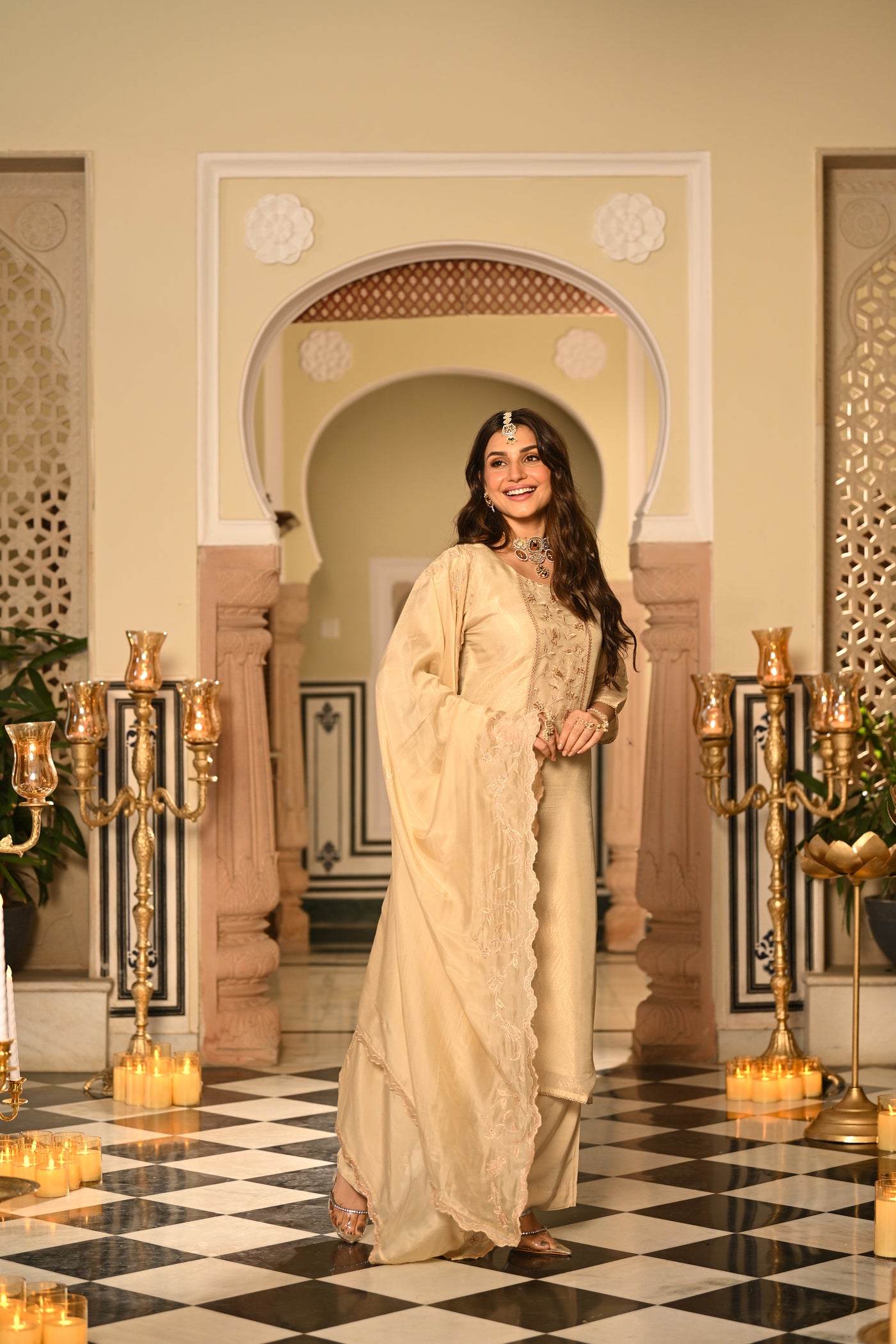 Cream Premium Pure Muslin Silk Jacquard with Hand Embroidery, With Scallop Dupatta Suit Set