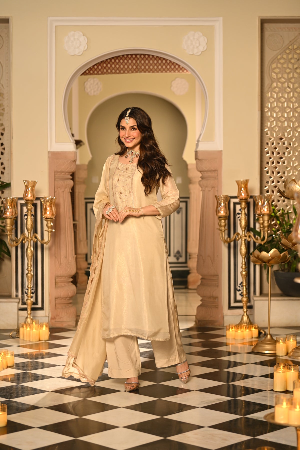 Cream Premium Pure Muslin Silk Jacquard with Hand Embroidery, With Scallop Dupatta Suit Set