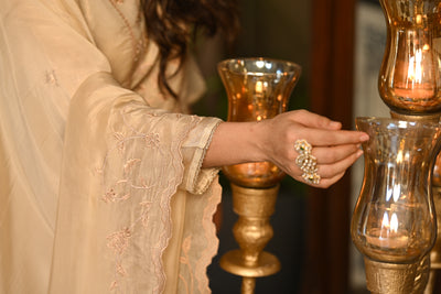 Cream Premium Pure Muslin Silk Jacquard with Hand Embroidery, With Scallop Dupatta Suit Set