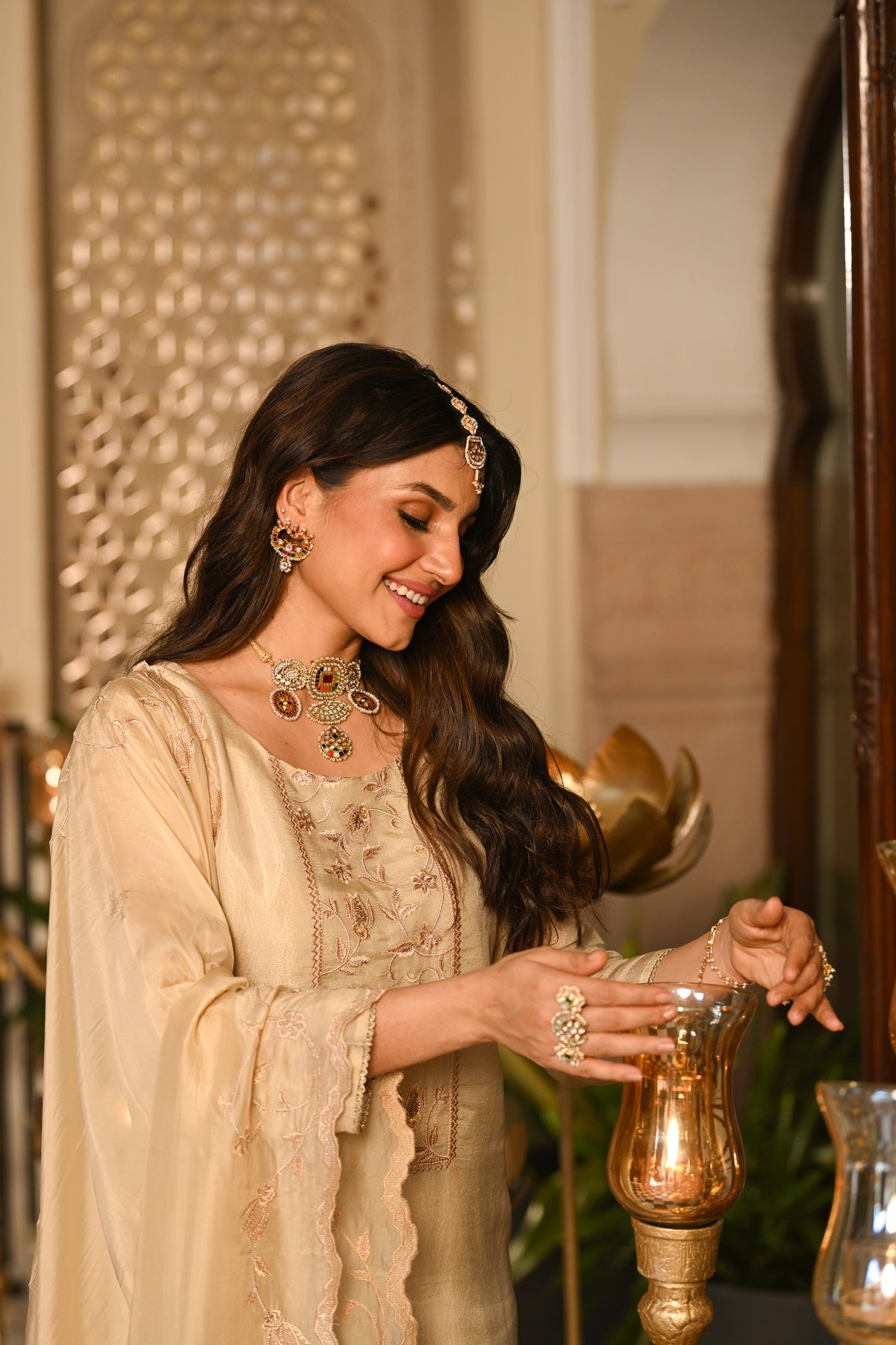 Cream Premium Pure Muslin Silk Jacquard with Hand Embroidery, With Scallop Dupatta Suit Set