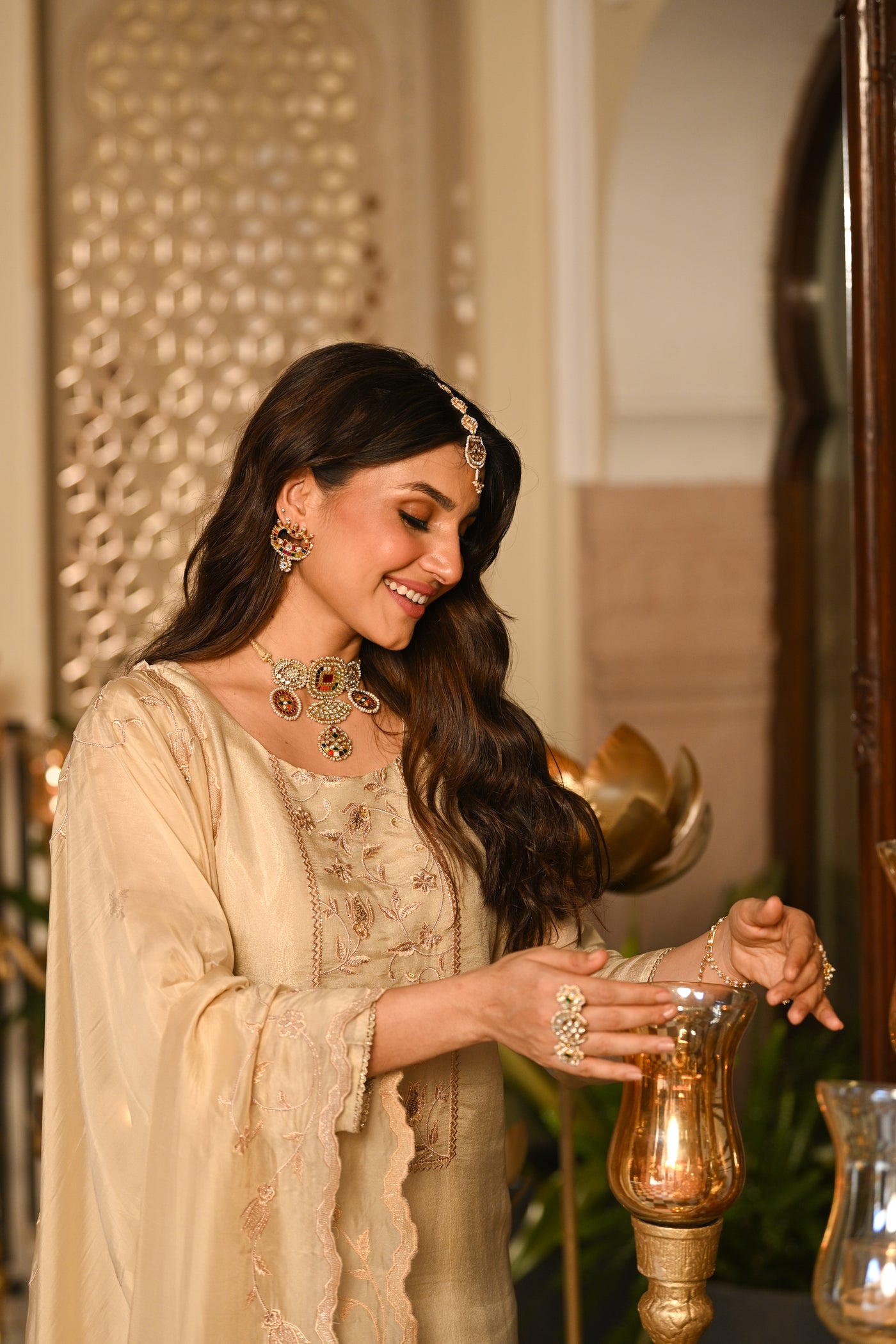 Cream Premium Pure Muslin Silk Jacquard with Hand Embroidery, With Scallop Dupatta Suit Set