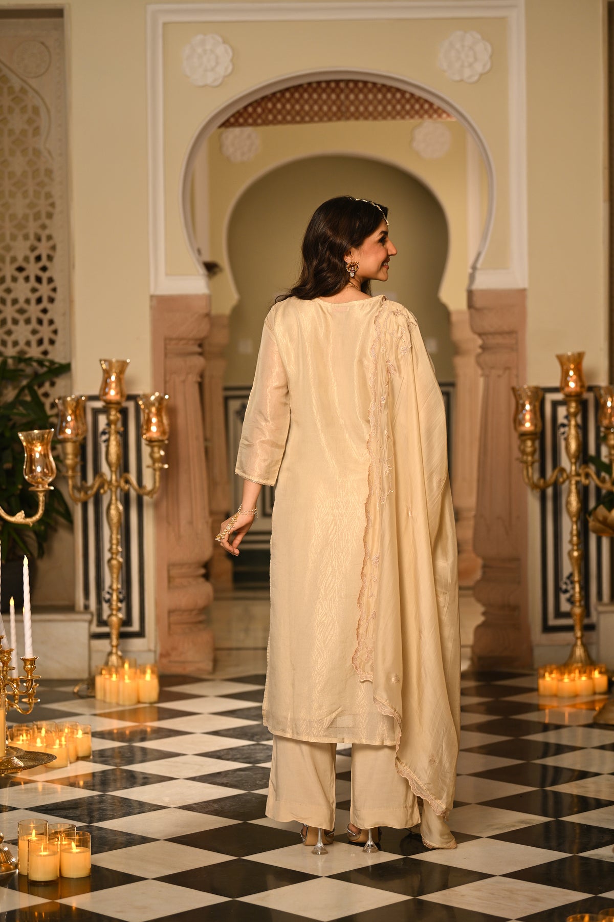 Cream Premium Pure Muslin Silk Jacquard with Hand Embroidery, With Scallop Dupatta Suit Set