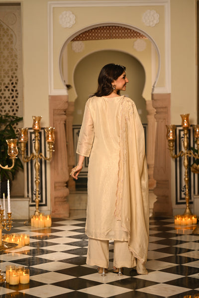 Cream Premium Pure Muslin Silk Jacquard with Hand Embroidery, With Scallop Dupatta Suit Set