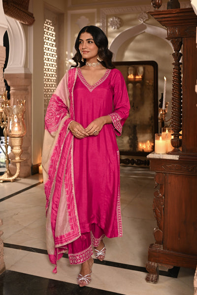 Pinkish Red  Kurta with Marodi and Aari Work and Ghewar Print Dupatta with Gota Patti and Aari Work Suit Set