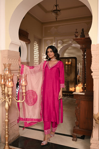 Pinkish Red  Kurta with Marodi and Aari Work and Ghewar Print Dupatta with Gota Patti and Aari Work Suit Set