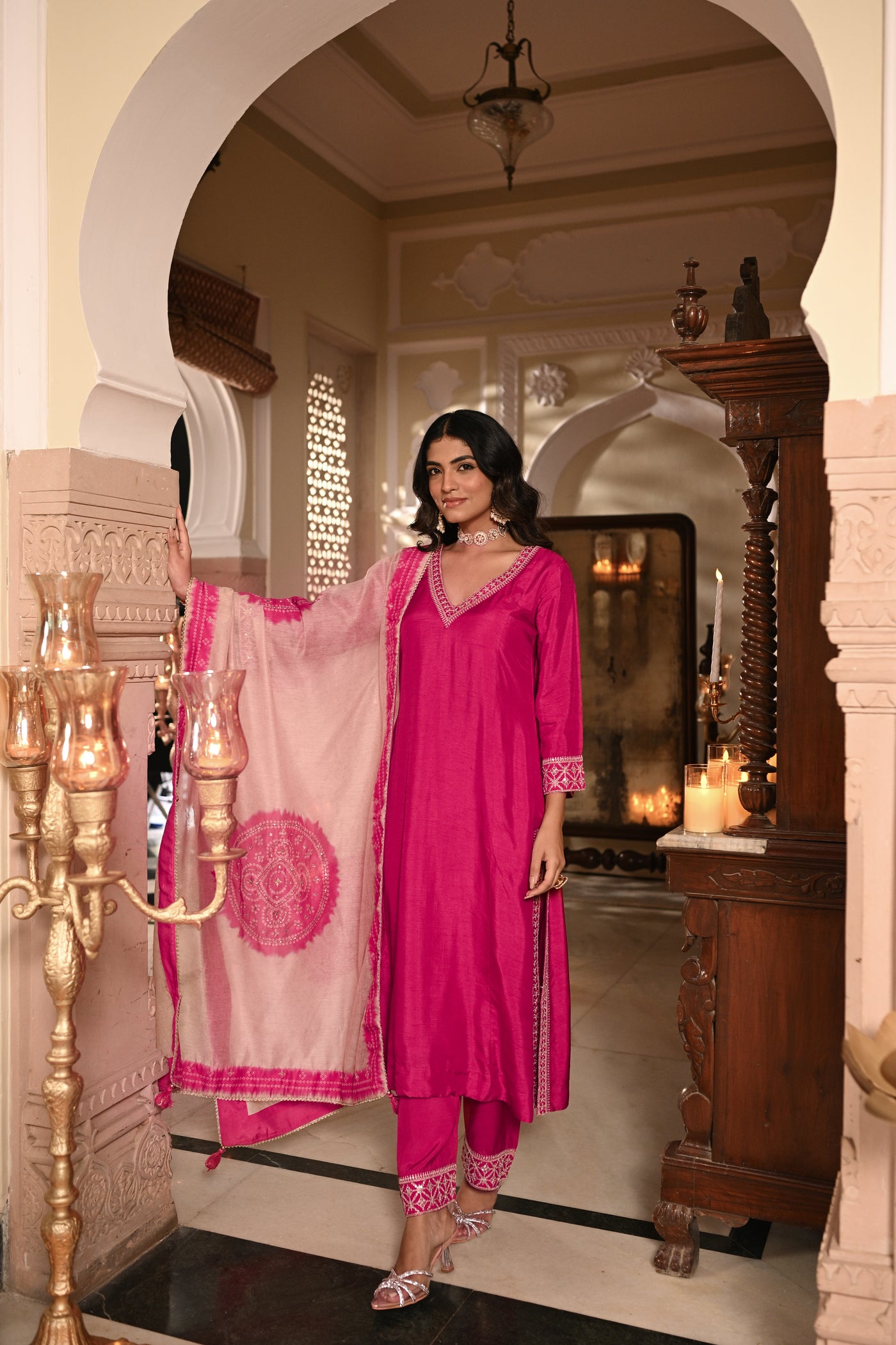 Pinkish Red  Kurta with Marodi and Aari Work and Ghewar Print Dupatta with Gota Patti and Aari Work Suit Set