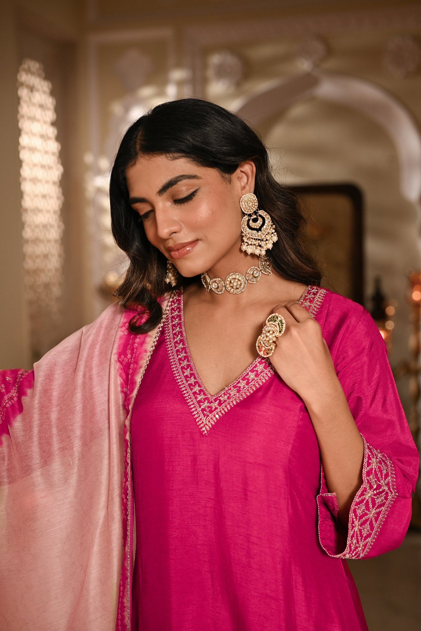 Pinkish Red  Kurta with Marodi and Aari Work and Ghewar Print Dupatta with Gota Patti and Aari Work Suit Set