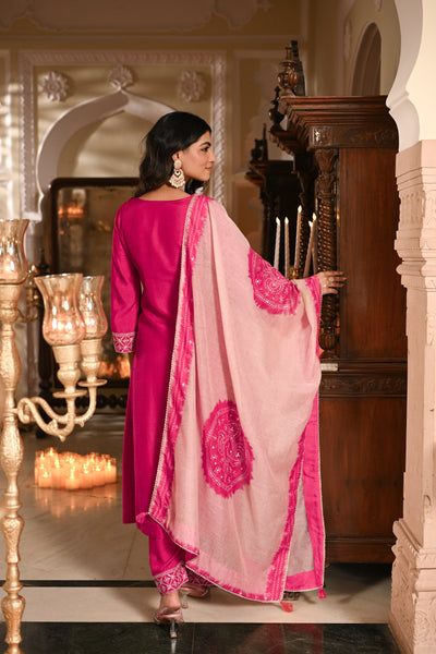 Pinkish Red  Kurta with Marodi and Aari Work and Ghewar Print Dupatta with Gota Patti and Aari Work Suit Set