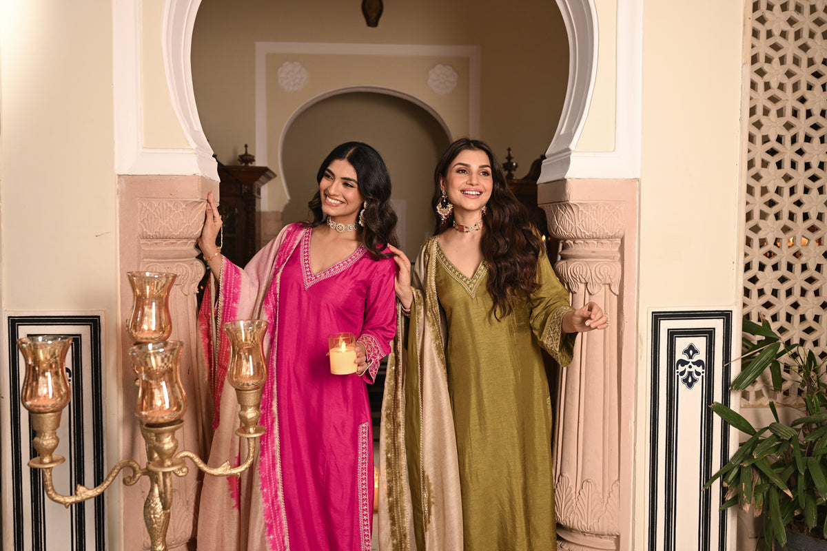 Mehandi Green Kurta with Marodi and Aari Work and Ghewar Print Dupatta with Gota Patti and Aari Work Suit Set