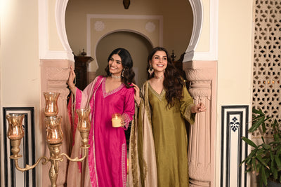 Pinkish Red  Kurta with Marodi and Aari Work and Ghewar Print Dupatta with Gota Patti and Aari Work Suit Set