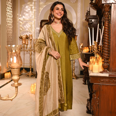 Mehandi Green Kurta with Marodi and Aari Work and Ghewar Print Dupatta with Gota Patti and Aari Work Suit Set