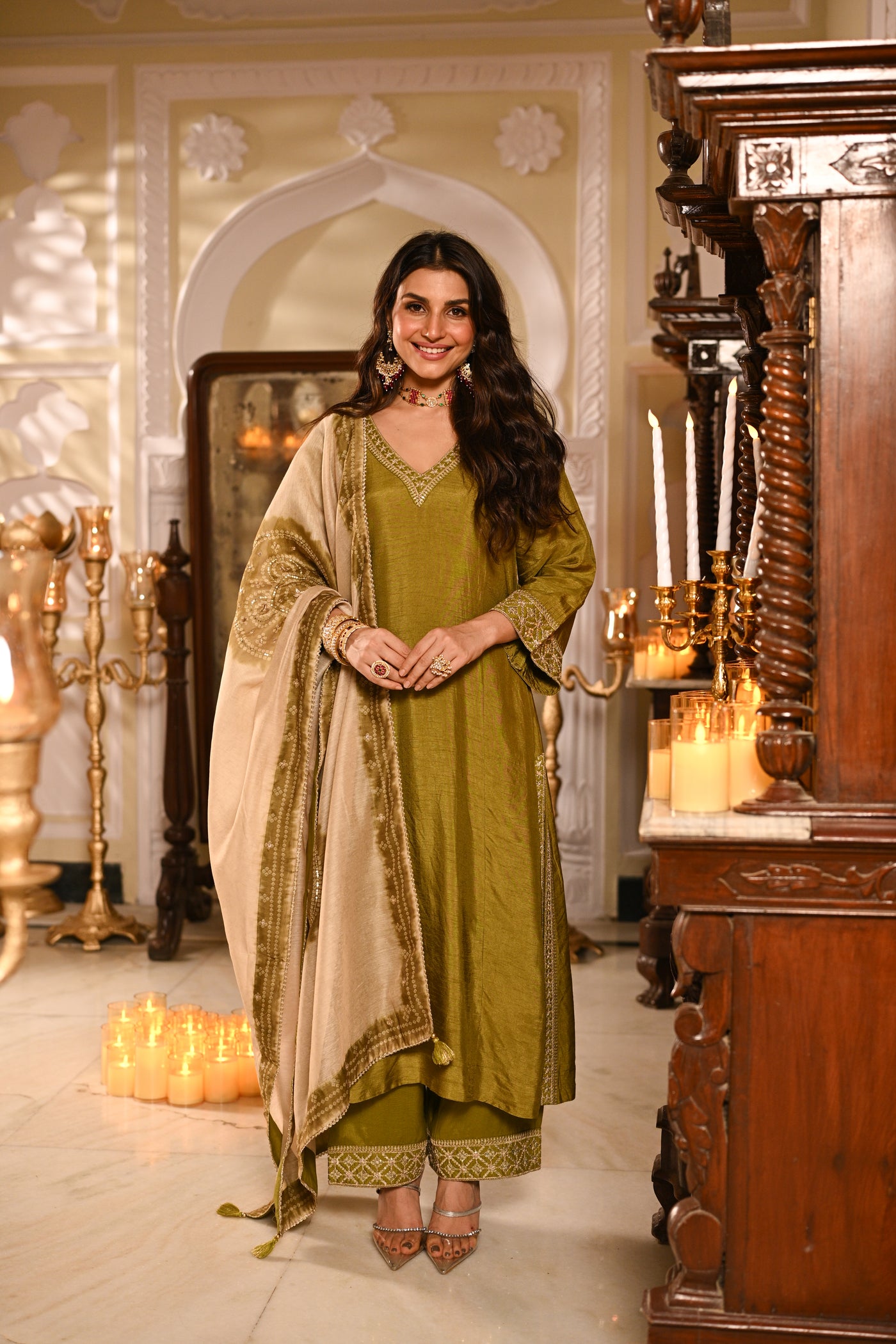 Mehandi Green Kurta with Marodi and Aari Work and Ghewar Print Dupatta with Gota Patti and Aari Work Suit Set