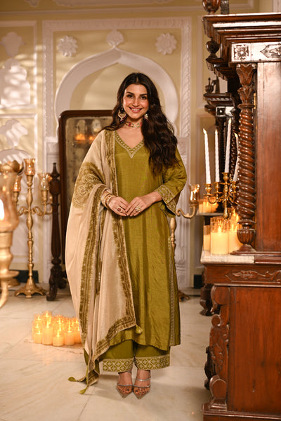 Mehandi Green Kurta with Marodi and Aari Work and Ghewar Print Dupatta with Gota Patti and Aari Work Suit Set