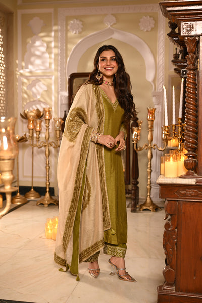 Mehandi Green Kurta with Marodi and Aari Work and Ghewar Print Dupatta with Gota Patti and Aari Work Suit Set