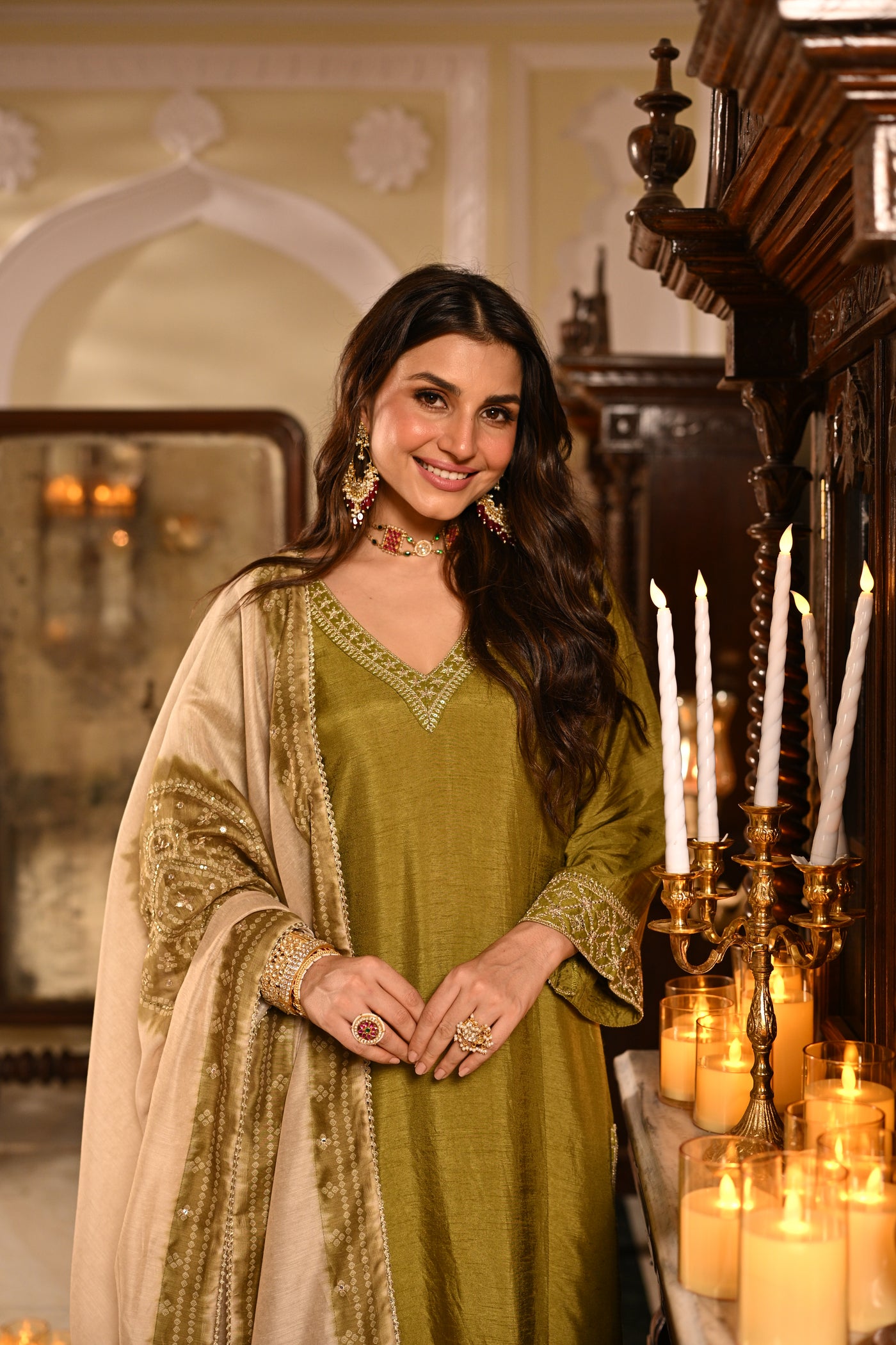 Mehandi Green Kurta with Marodi and Aari Work and Ghewar Print Dupatta with Gota Patti and Aari Work Suit Set