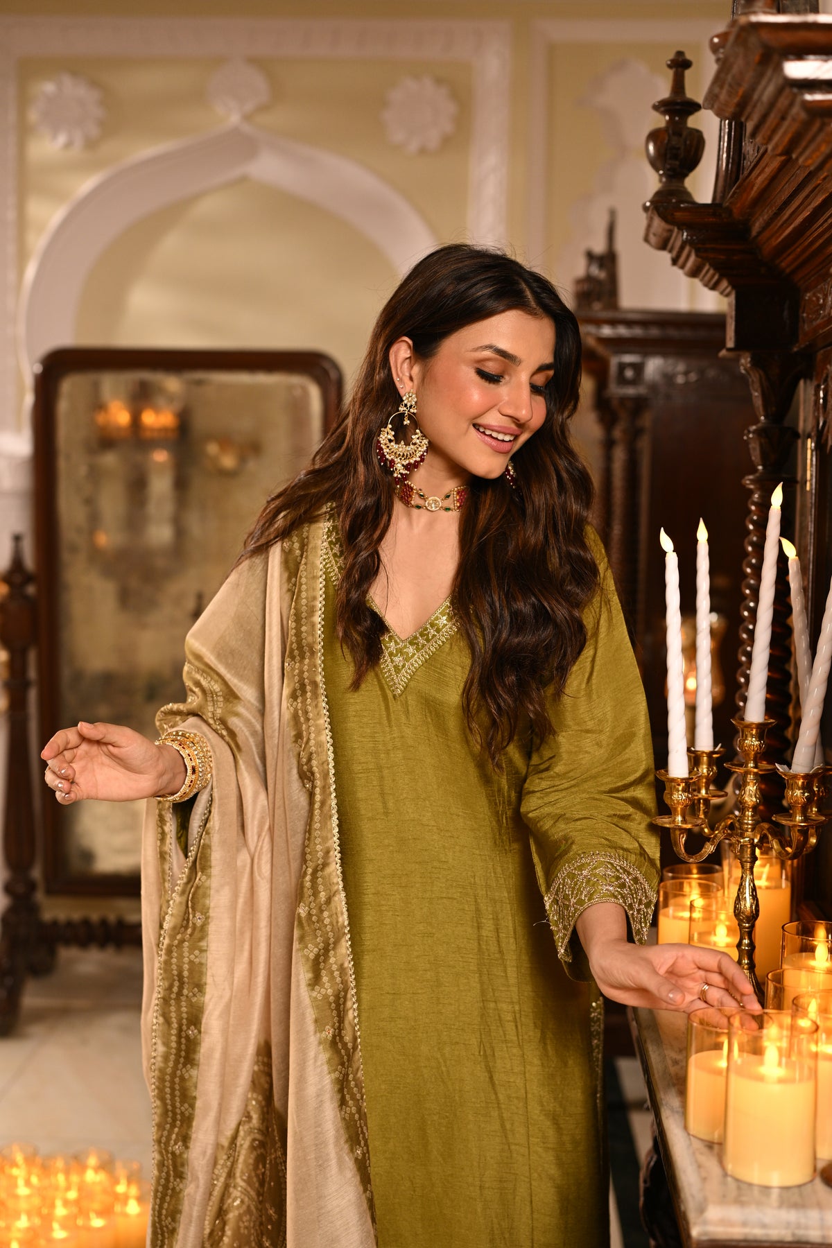 Mehandi Green Kurta with Marodi and Aari Work and Ghewar Print Dupatta with Gota Patti and Aari Work Suit Set