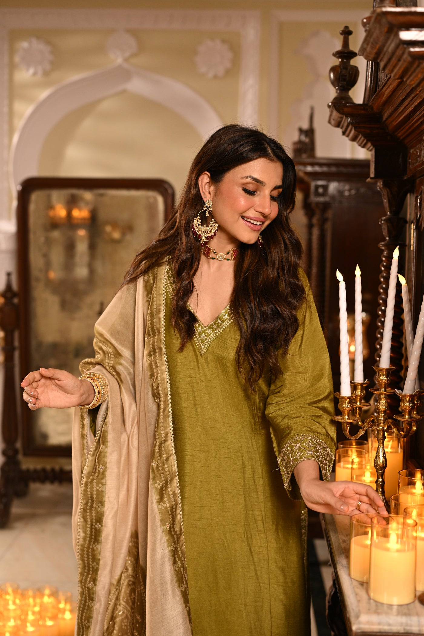 Mehandi Green Kurta with Marodi and Aari Work and Ghewar Print Dupatta with Gota Patti and Aari Work Suit Set