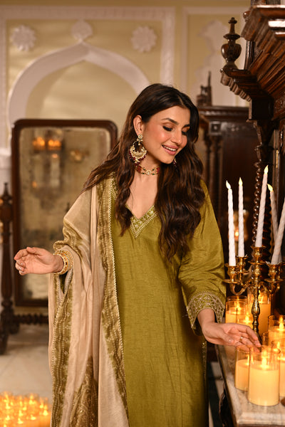 Mehandi Green Kurta with Marodi and Aari Work and Ghewar Print Dupatta with Gota Patti and Aari Work Suit Set