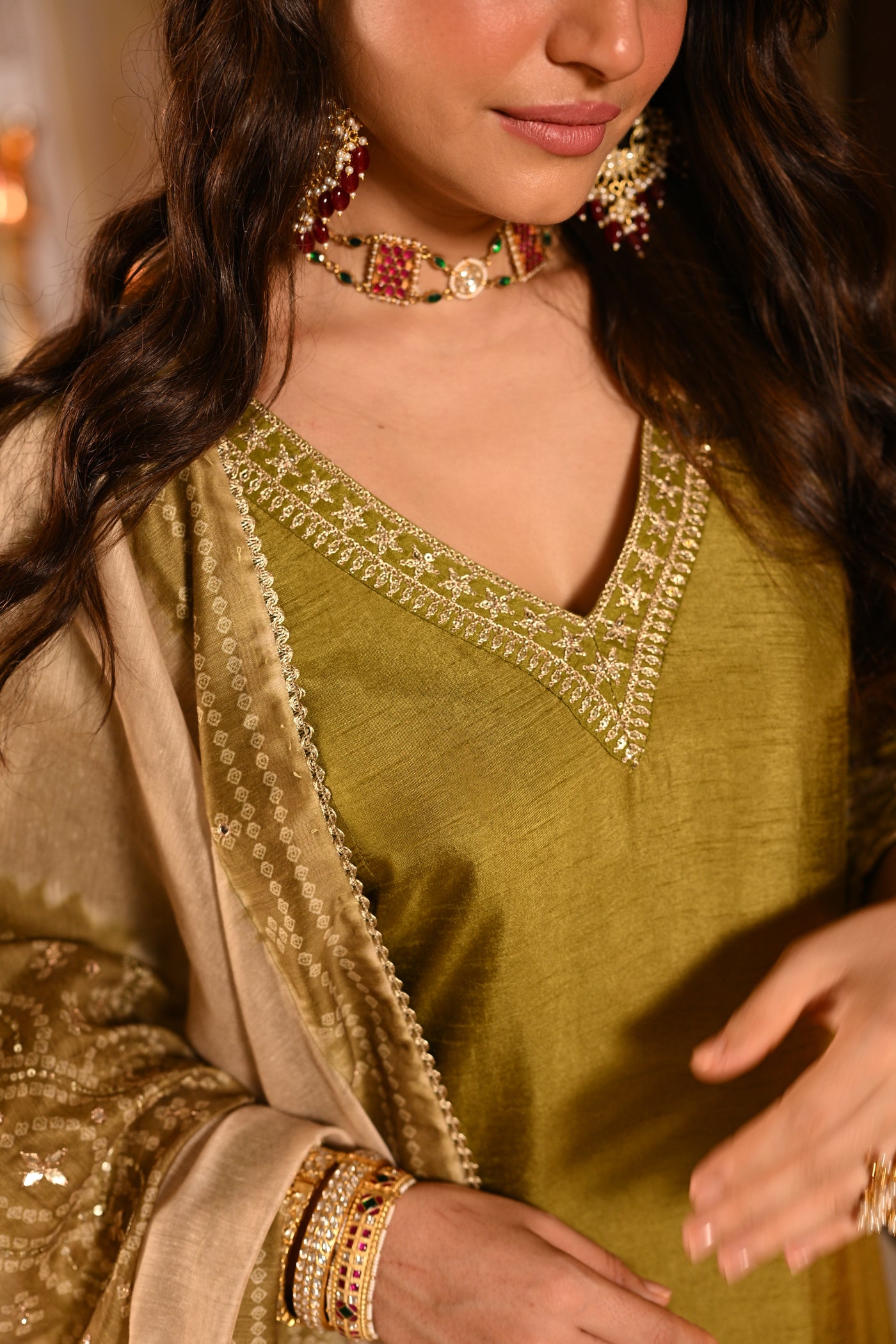 Mehandi Green Kurta with Marodi and Aari Work and Ghewar Print Dupatta with Gota Patti and Aari Work Suit Set