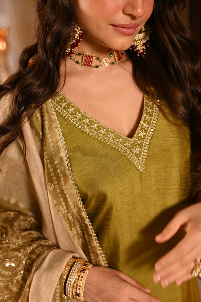 Mehandi Green Kurta with Marodi and Aari Work and Ghewar Print Dupatta with Gota Patti and Aari Work Suit Set