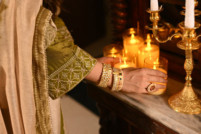 Mehandi Green Kurta with Marodi and Aari Work and Ghewar Print Dupatta with Gota Patti and Aari Work Suit Set