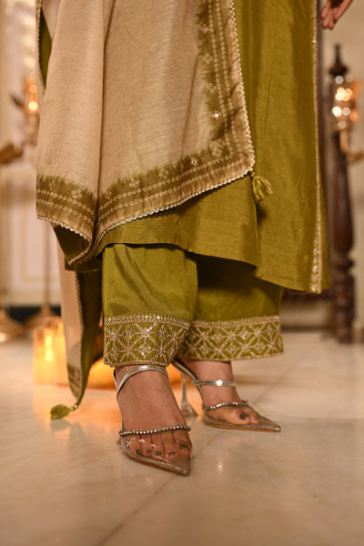 Mehandi Green Kurta with Marodi and Aari Work and Ghewar Print Dupatta with Gota Patti and Aari Work Suit Set