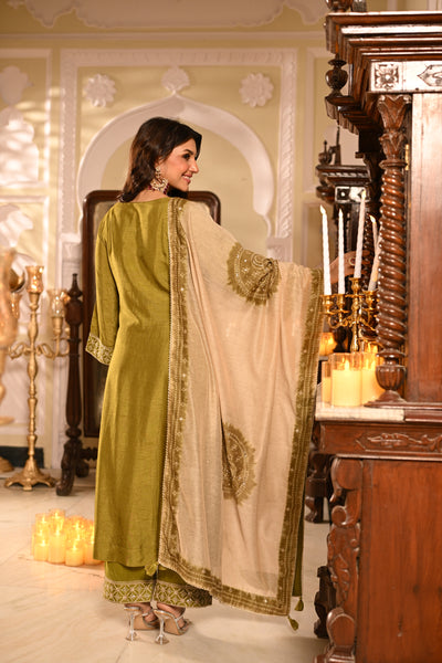 Mehandi Green Kurta with Marodi and Aari Work and Ghewar Print Dupatta with Gota Patti and Aari Work Suit Set