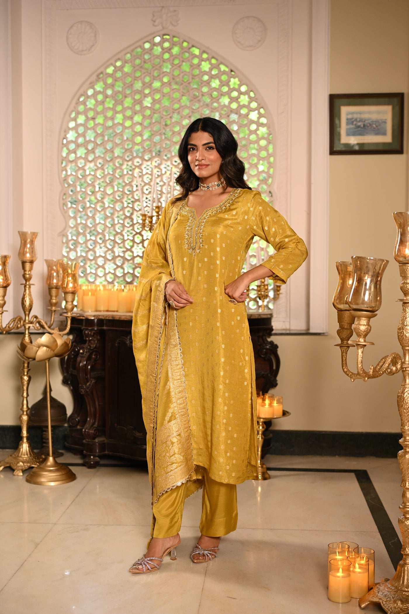 Yellow Banarasi Small Buti Suit Set with Sequence and Gota Work