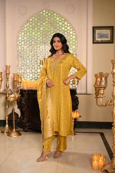Yellow Banarasi Small Buti Suit Set with Sequence and Gota Work