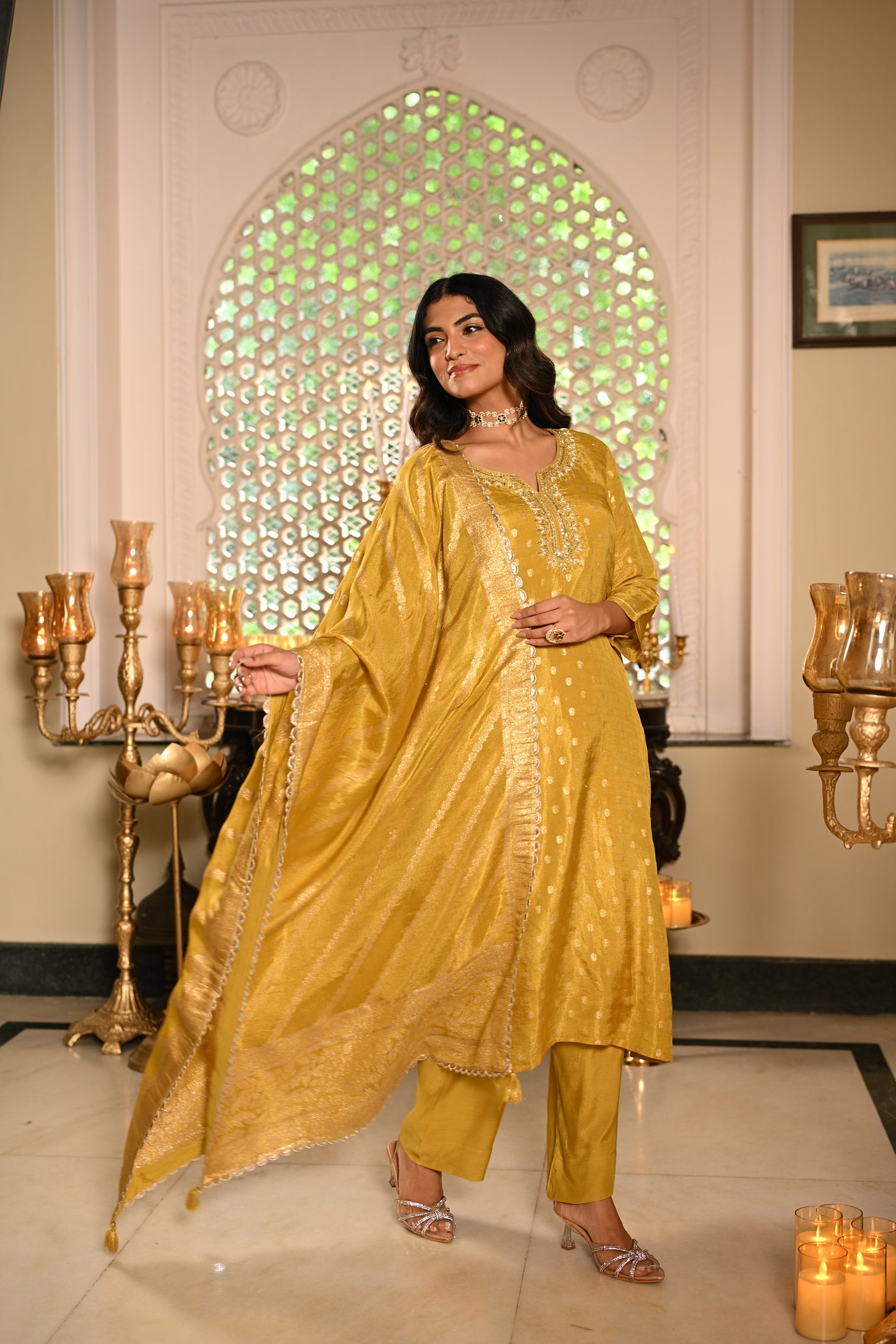 Yellow Banarasi Small Buti Suit Set with Sequence and Gota Work