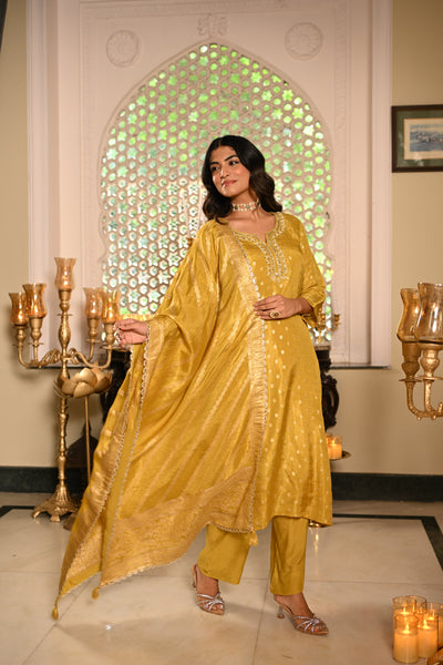 Yellow Banarasi Small Buti Suit Set with Sequence and Gota Work