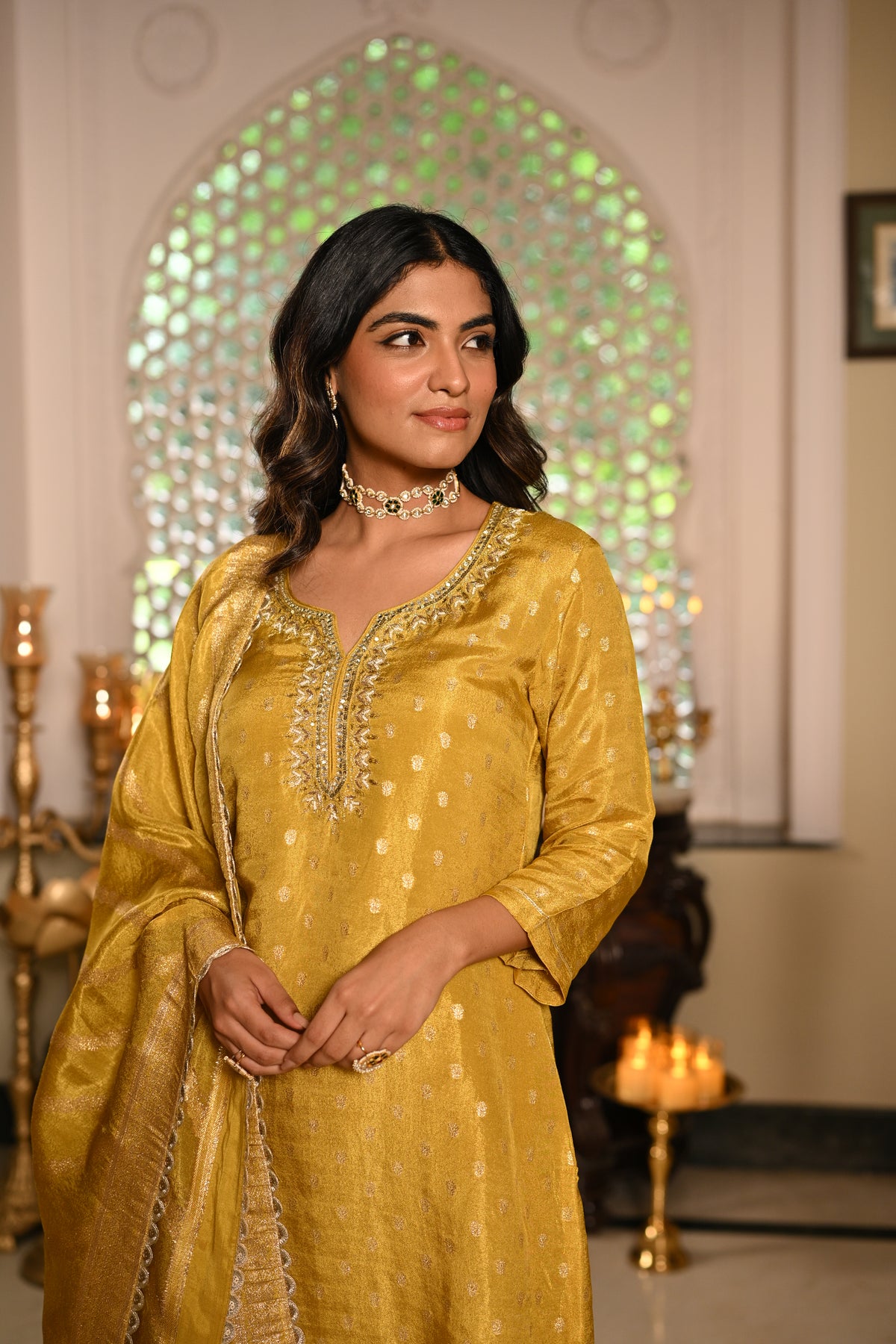 Yellow Banarasi Small Buti Suit Set with Sequence and Gota Work