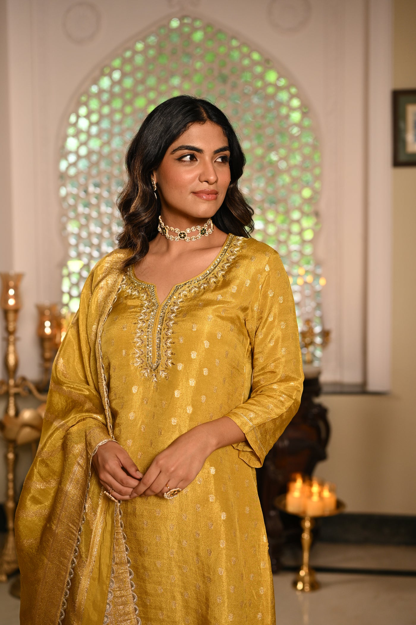 Yellow Banarasi Small Buti Suit Set with Sequence and Gota Work