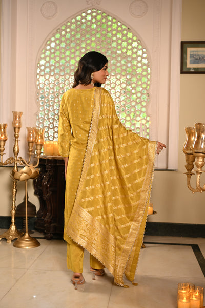 Yellow Banarasi Small Buti Suit Set with Sequence and Gota Work